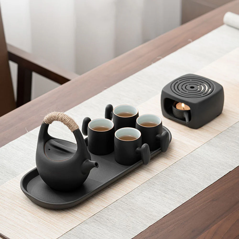 Japanese Black Pottery Tea Set With Warmer - Image 2