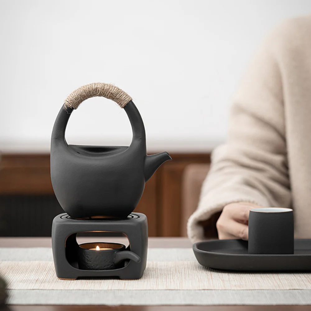 Japanese Black Pottery Tea Set With Warmer - Image 4