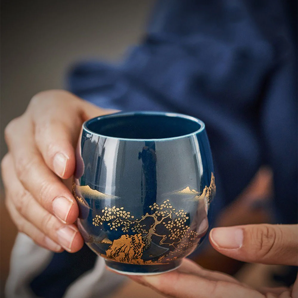Japanese Blue Landscape Tea Set With Tray - Image 3