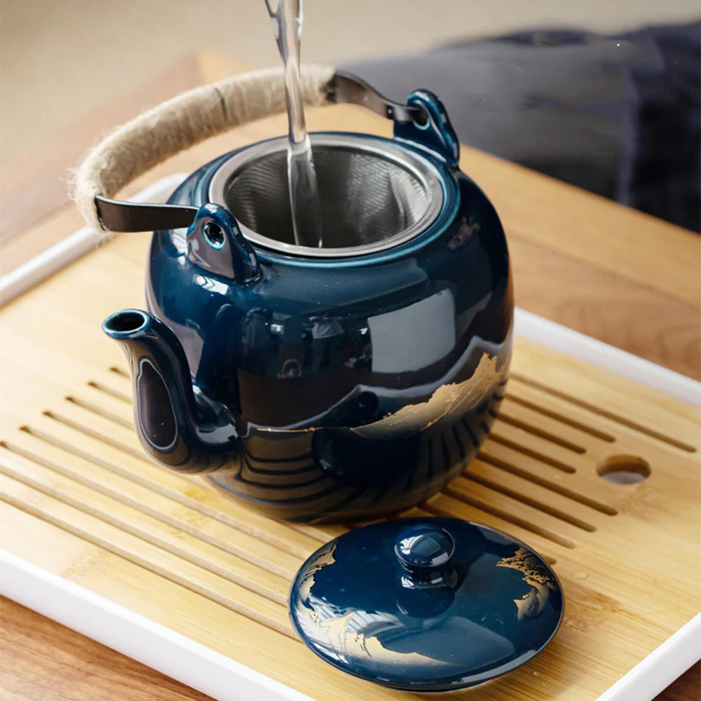 Japanese Blue Landscape Tea Set With Tray - Image 4