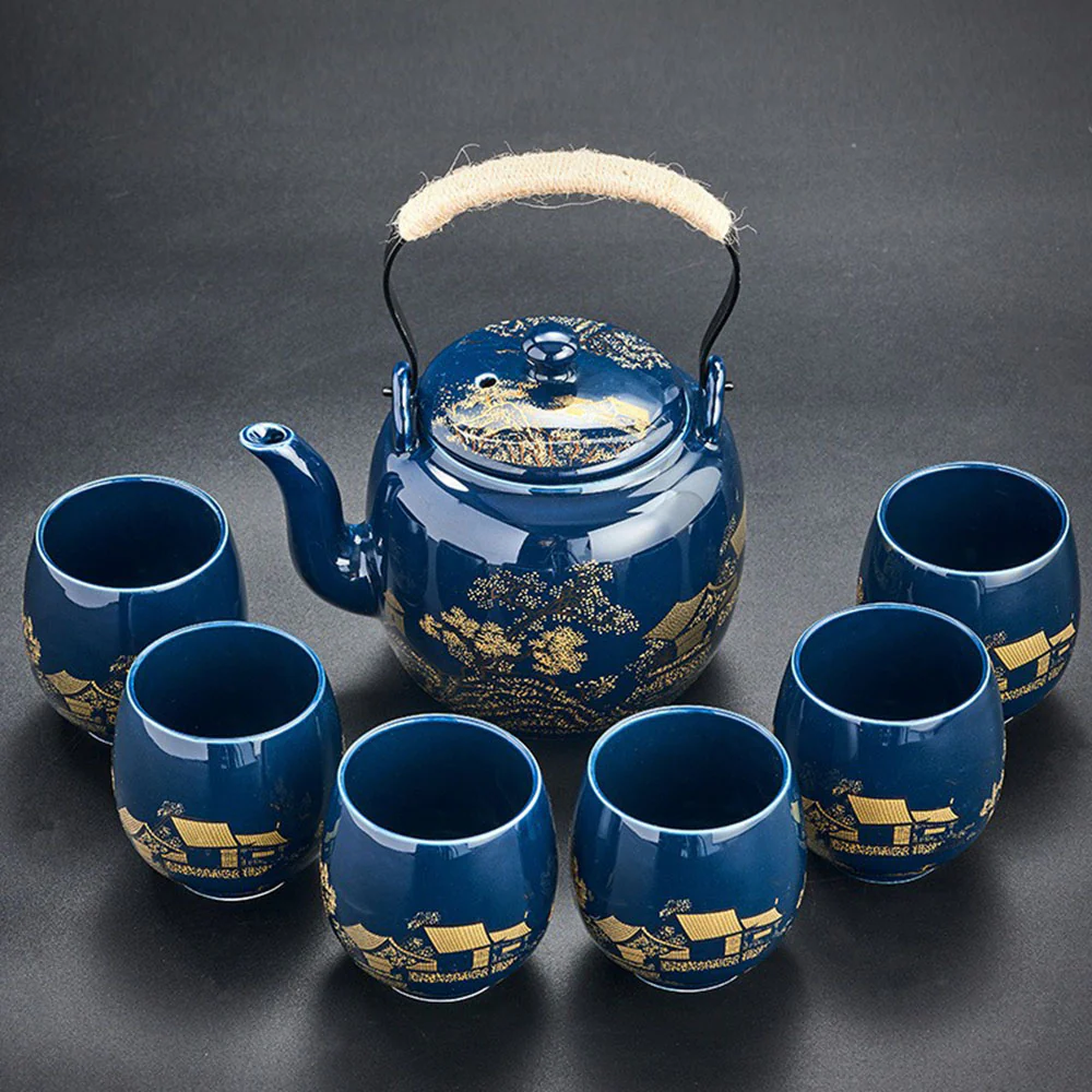 Japanese Blue Landscape Tea Set With Tray - Image 5