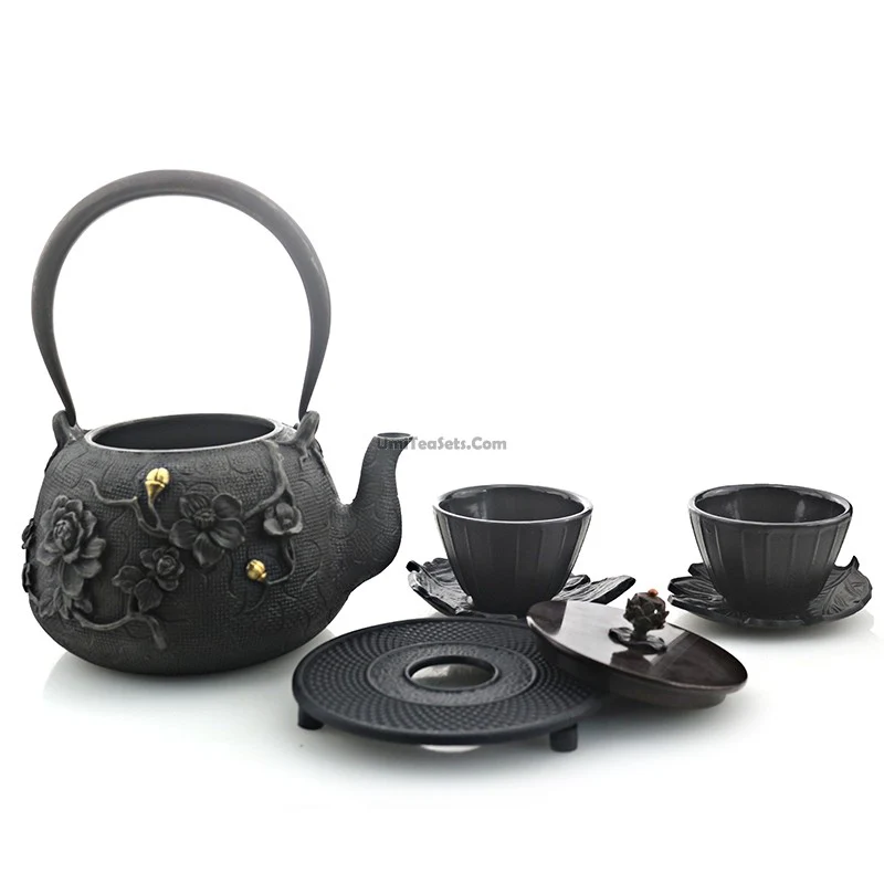 Japanese Cast Iron Plum Tea Set - Image 4