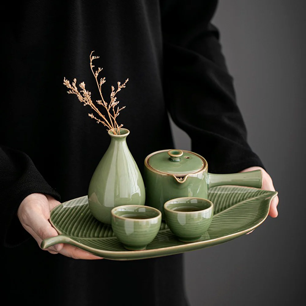 Japanese Celadon Tea Set With Banana Leaf Tray - Image 2