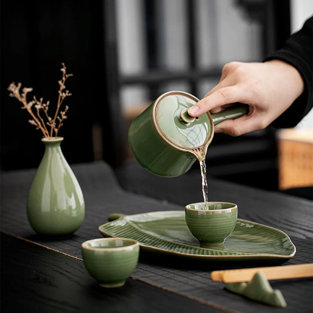 Japanese Celadon Tea Set With Banana Leaf Tray - Image 3