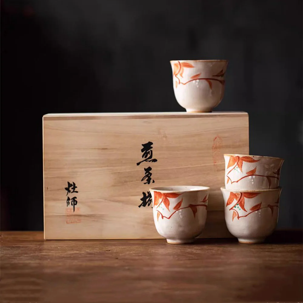 Japanese Ceramic Flower Dance Tea Cup Set of Five - Image 3