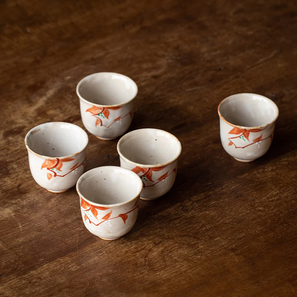 Japanese Ceramic Flower Dance Tea Cup Set of Five - Image 4