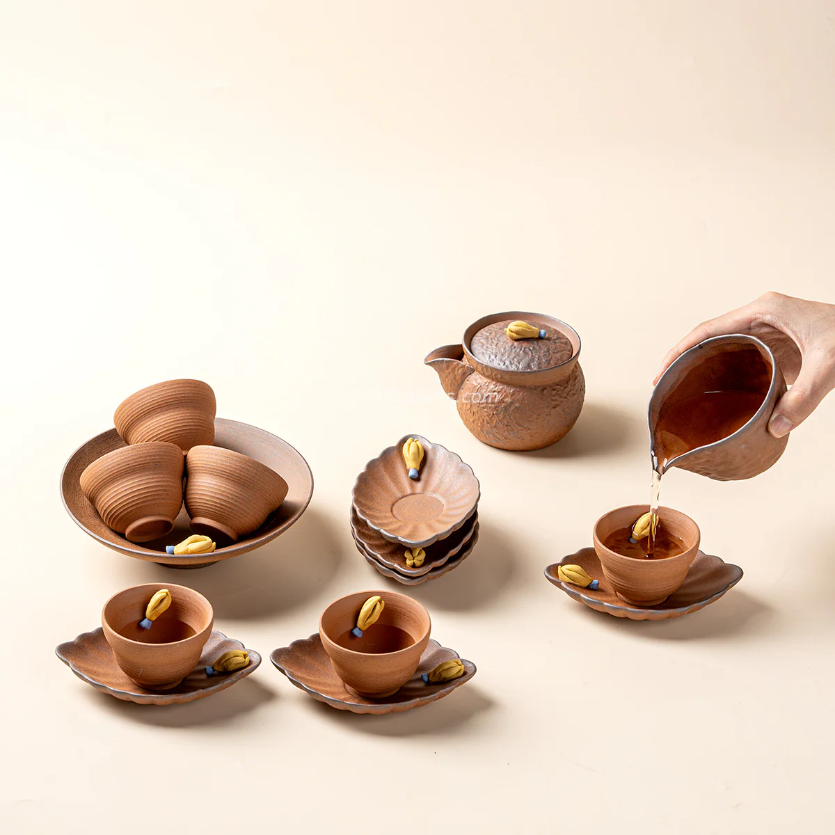 Japanese Coarse Pottery Chayote Tea Set - Image 3