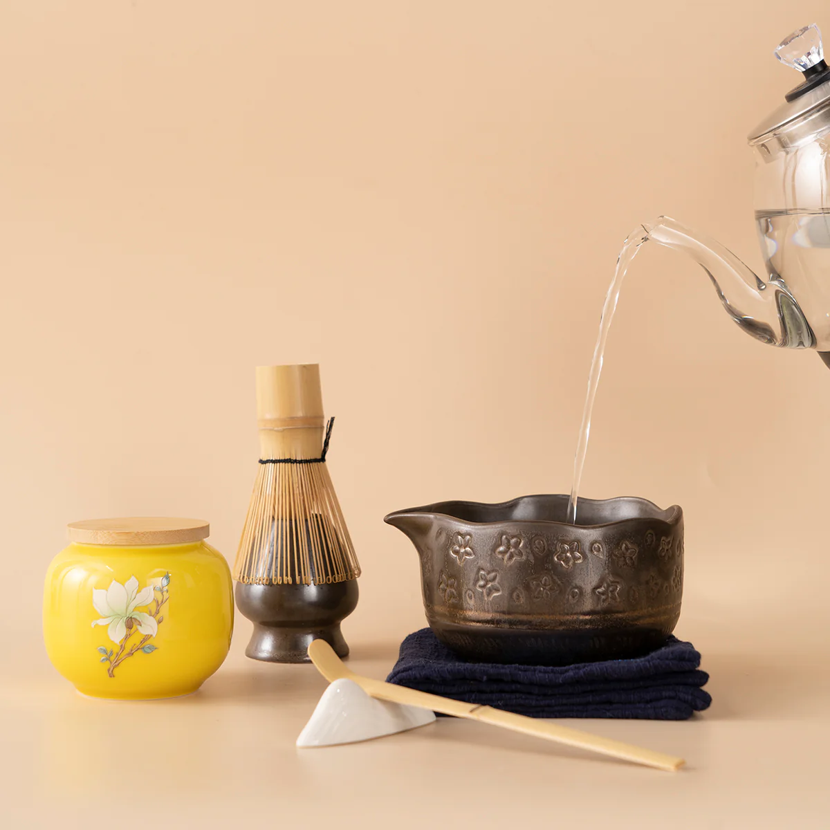 Japanese Coarse Pottery Flower Matcha Tea Set - Image 4
