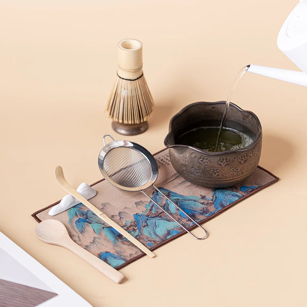 Japanese Coarse Pottery Flower Matcha Tea Set - Image 5
