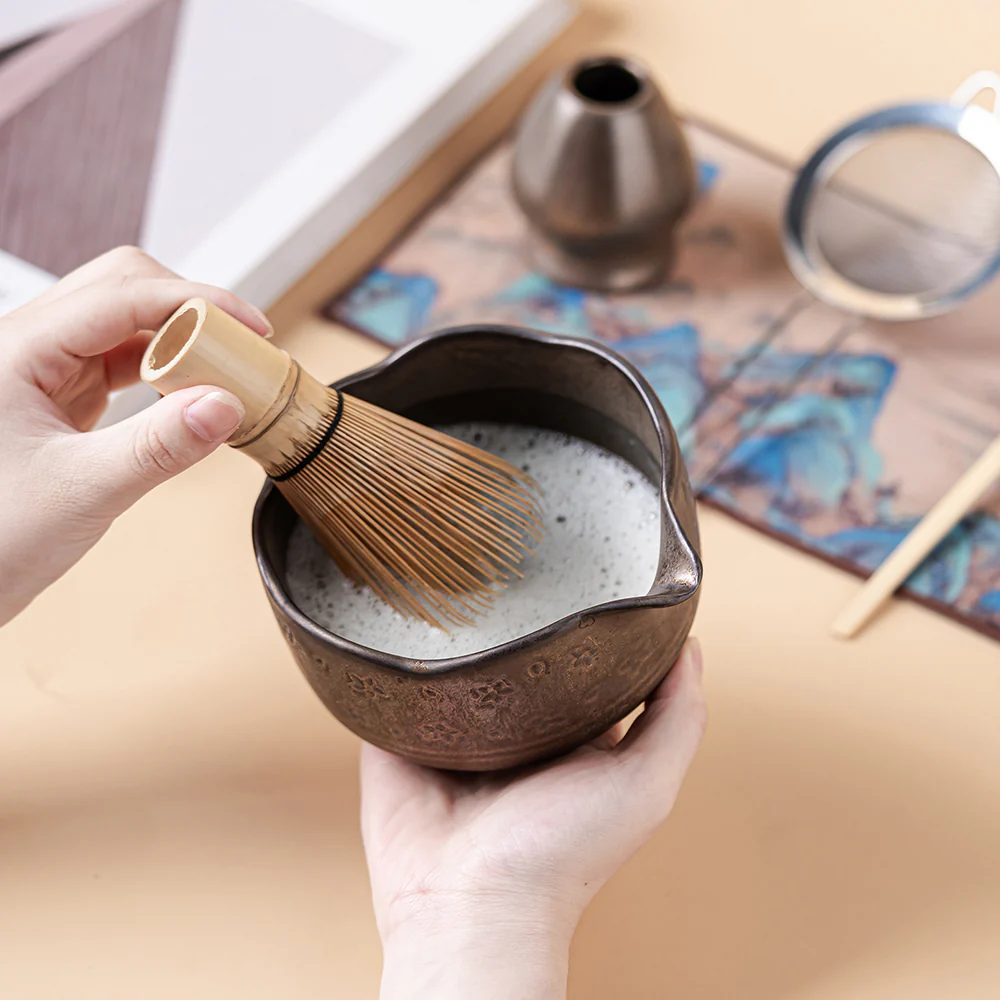 Japanese Coarse Pottery Flower Matcha Tea Set - Image 7