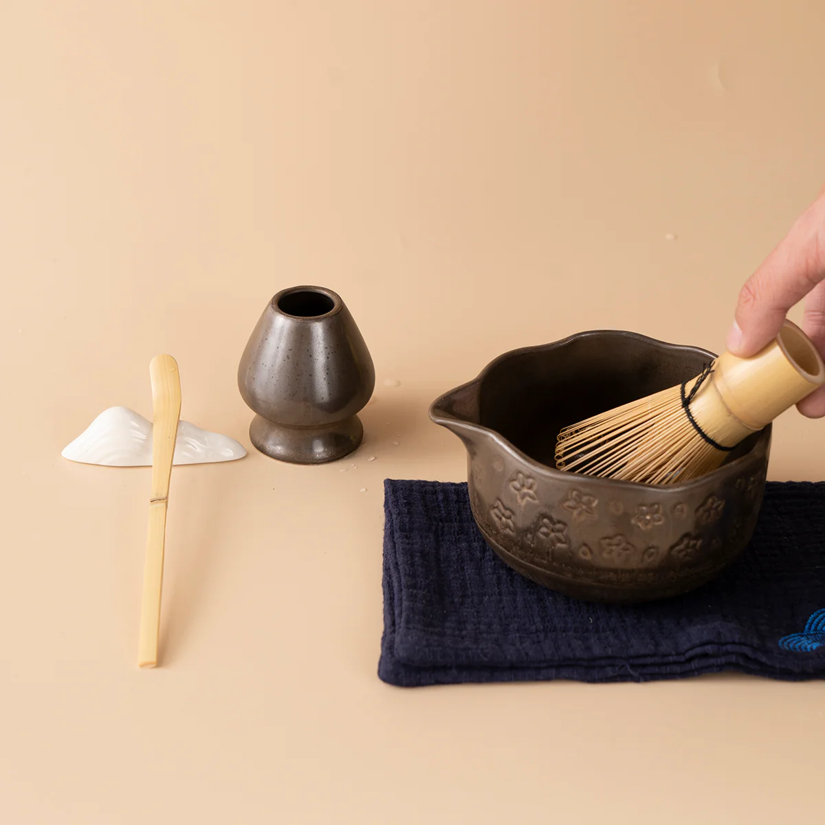 Japanese Coarse Pottery Flower Matcha Tea Set - Image 9