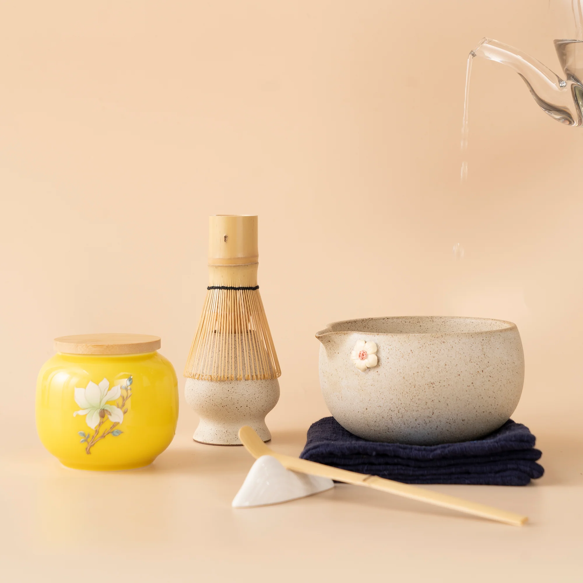 Japanese Coarse Pottery Flower Matcha Tea Set - Image 3