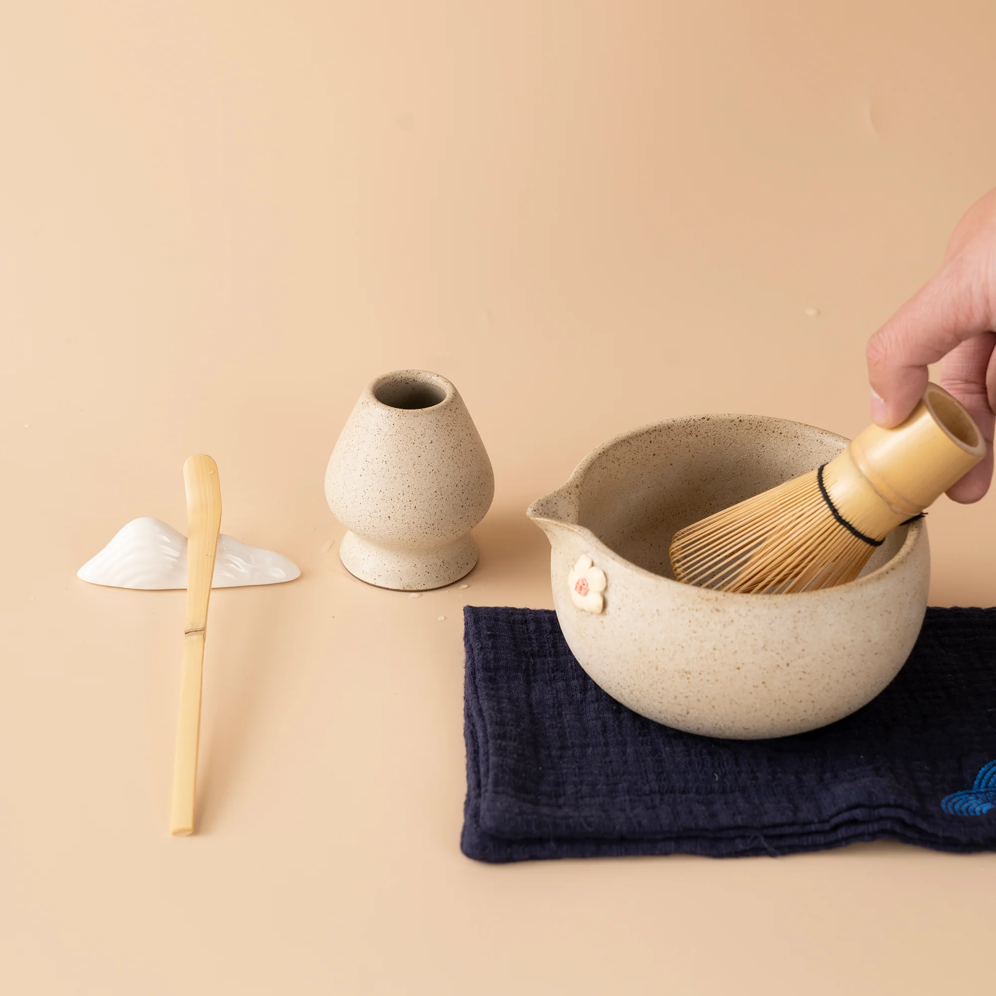 Japanese Coarse Pottery Flower Matcha Tea Set - Image 4
