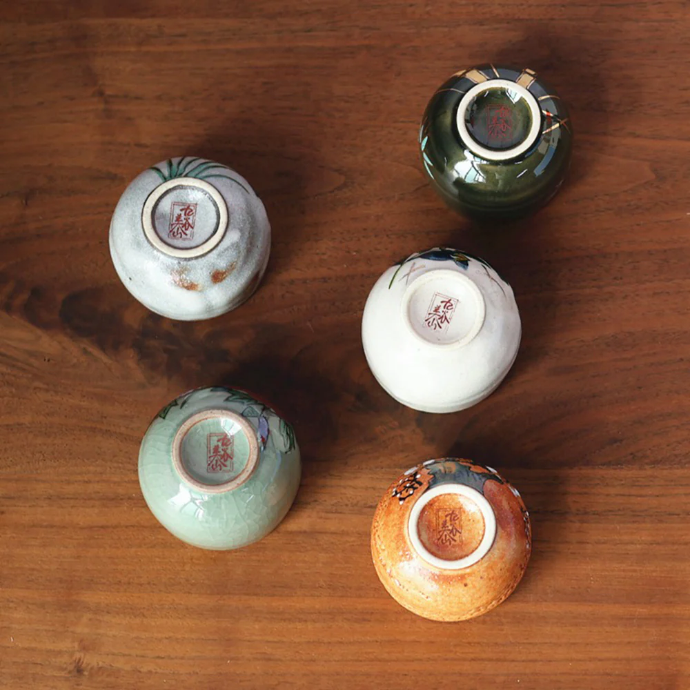 Japanese Kutani-yaki Floral Tea Cup Set of Five - Image 5