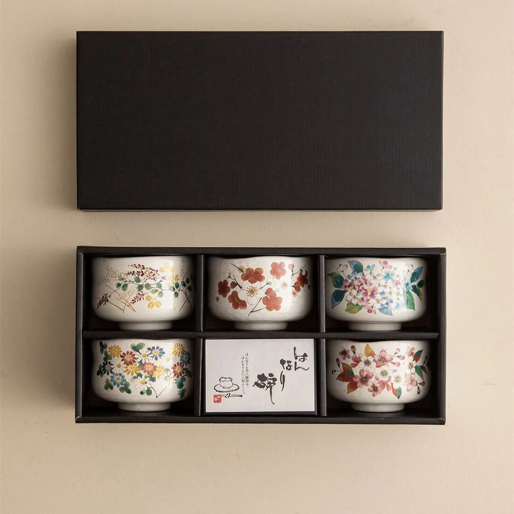 Japanese Mino-yaki Flower Tea Cup Set of Five - Image 2