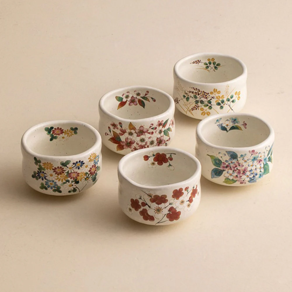 Japanese Mino-yaki Flower Tea Cup Set of Five - Image 3