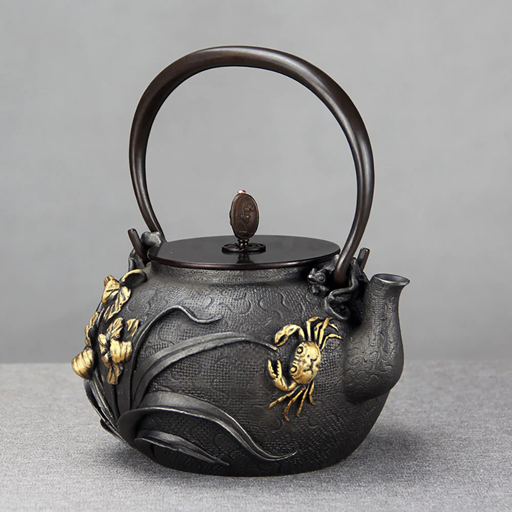 Japanese Orchids And Crabs Cast Iron Teapot - Image 2