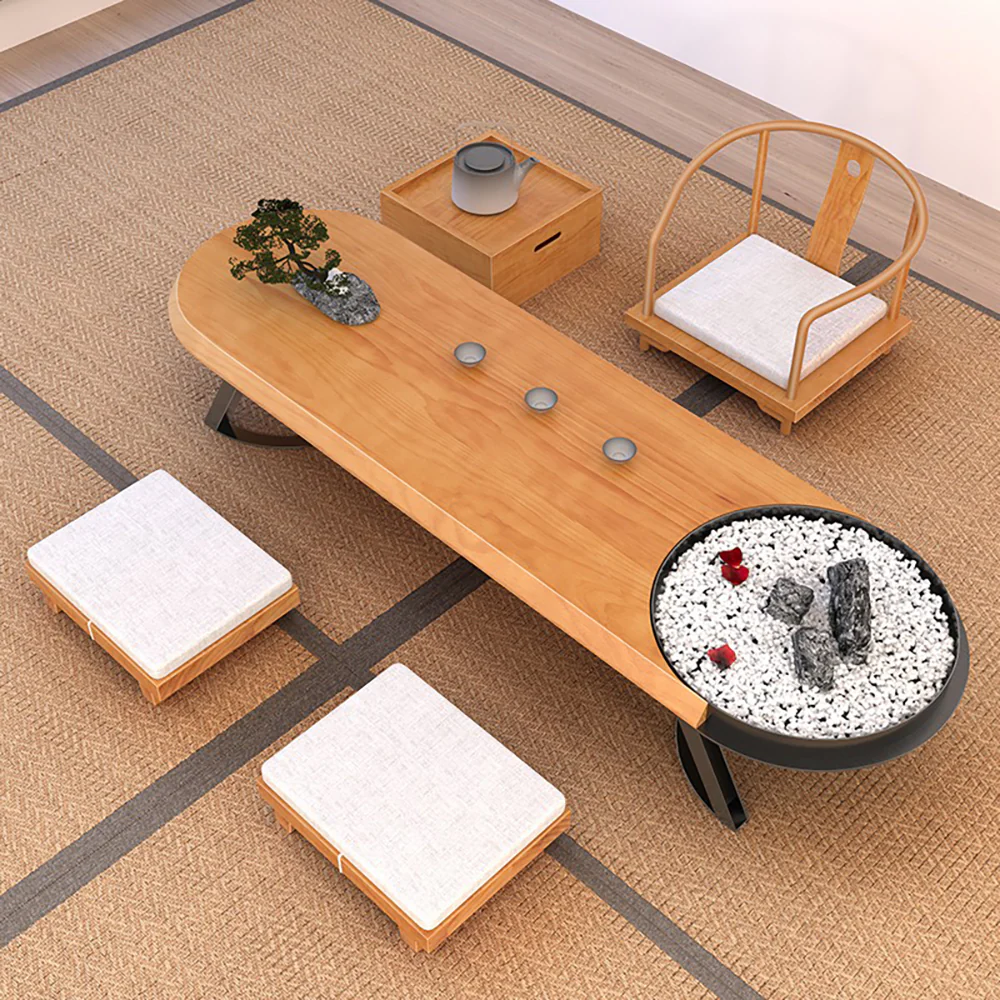 Japanese Pine Wood Tatami Tea Table Set - Image 3