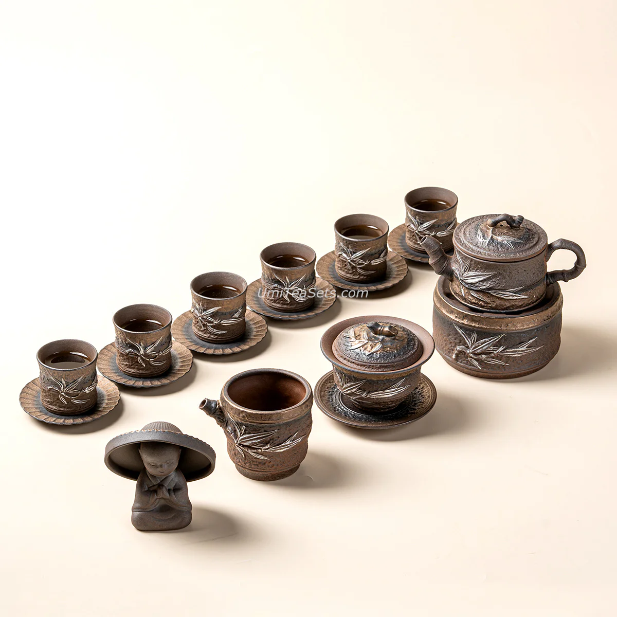 Japanese Pottery Gilded Iron Glaze Bamboo Tea Set - Image 2