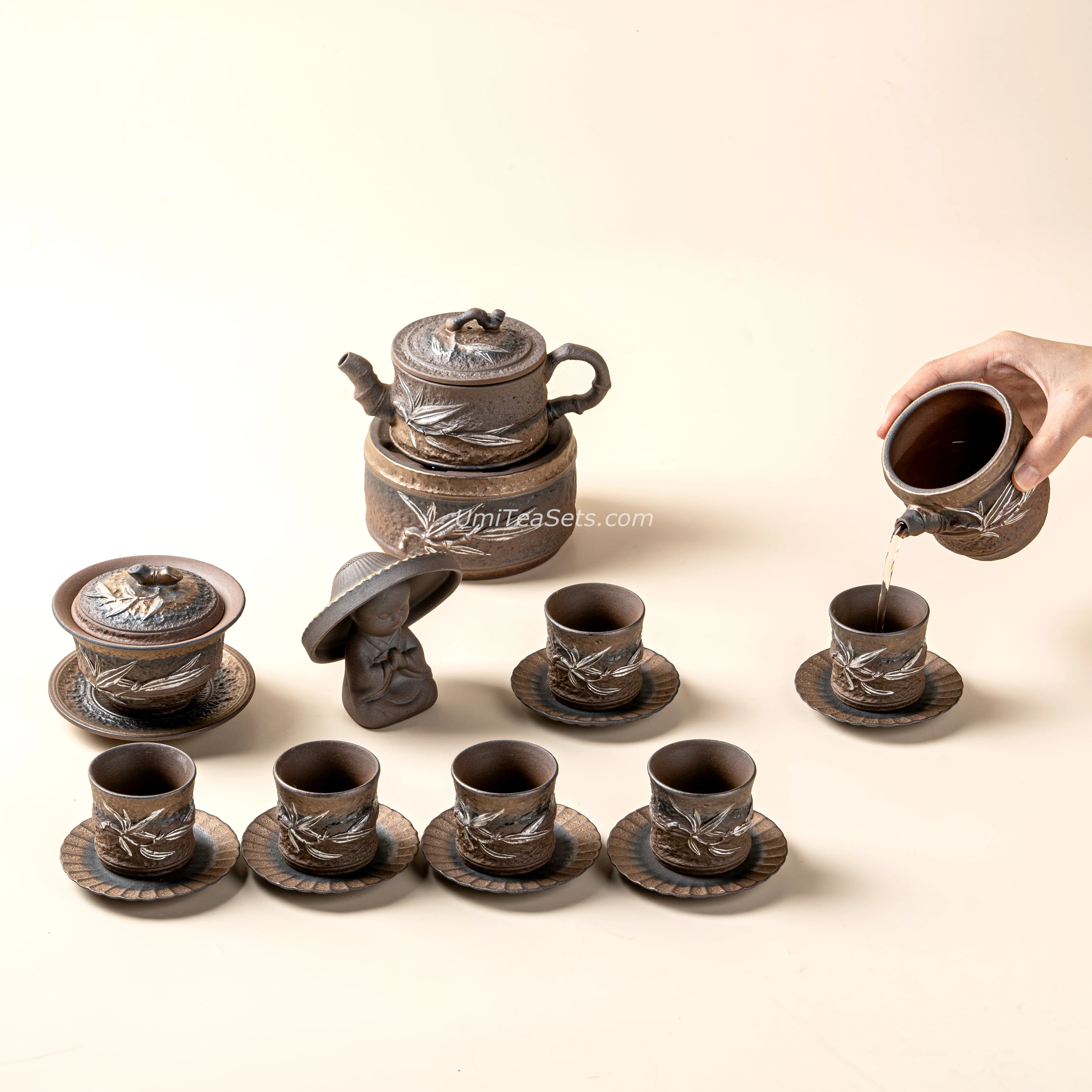 Japanese Pottery Gilded Iron Glaze Bamboo Tea Set - Image 3