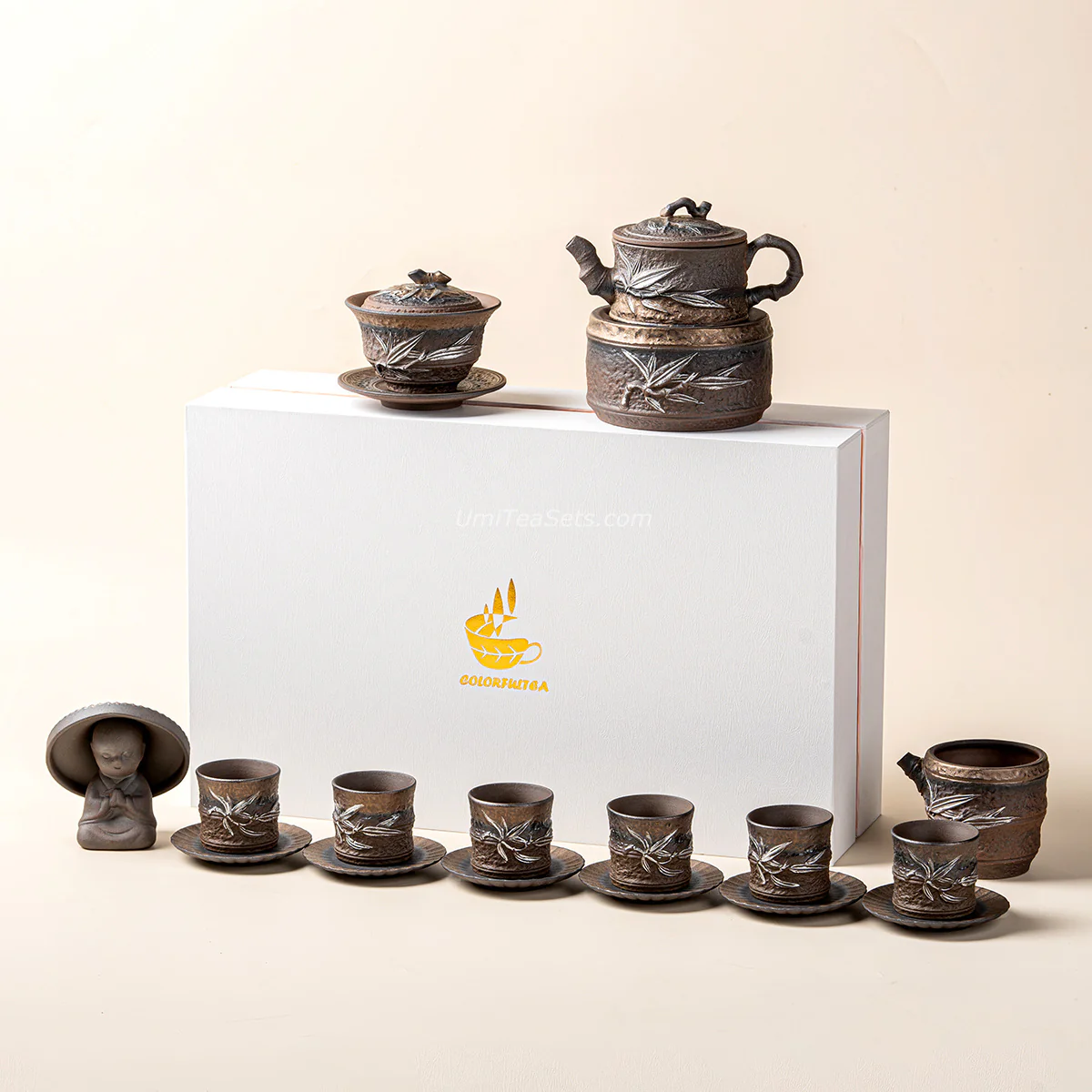 Japanese Pottery Gilded Iron Glaze Bamboo Tea Set - Image 4