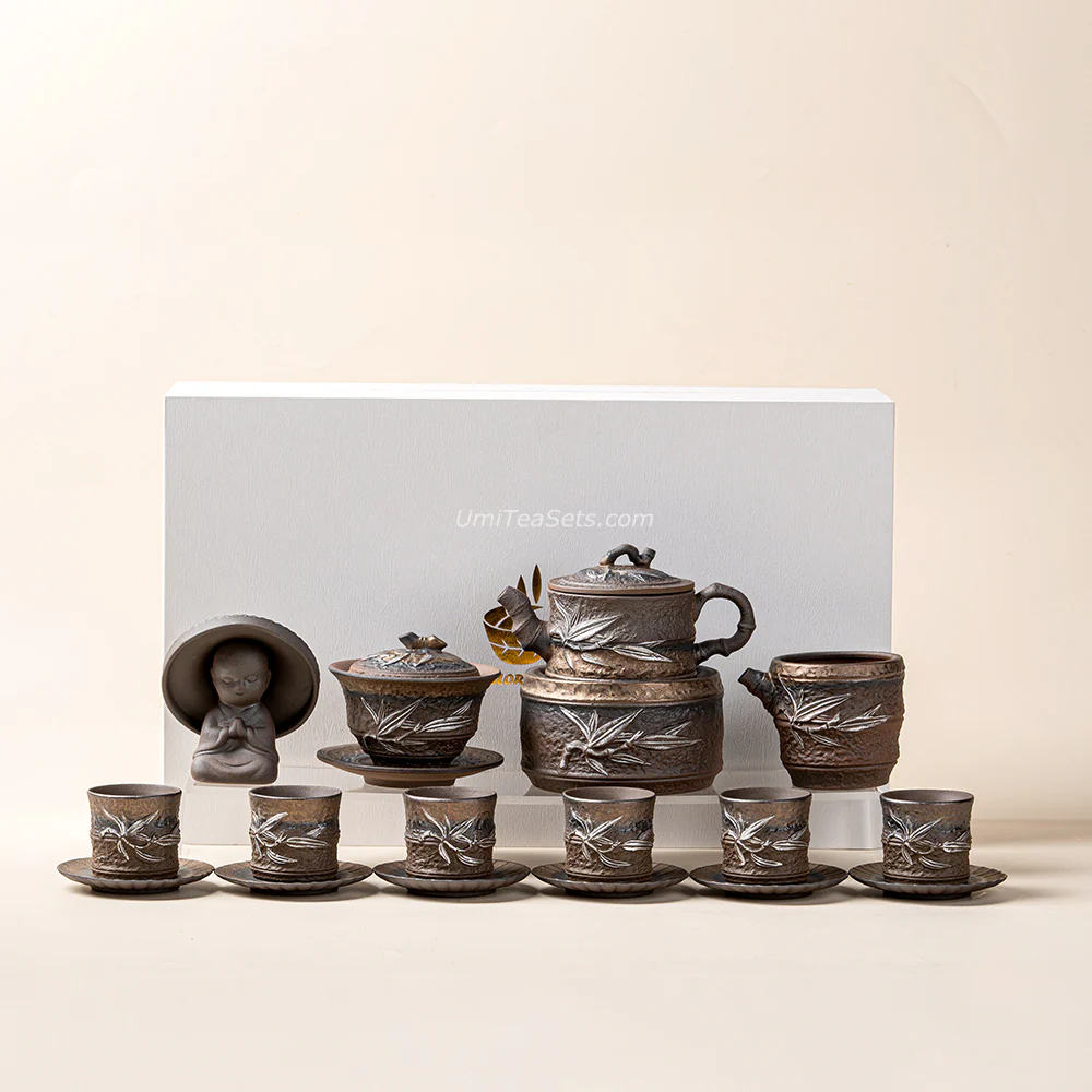 Japanese Pottery Gilded Iron Glaze Bamboo Tea Set - Image 5