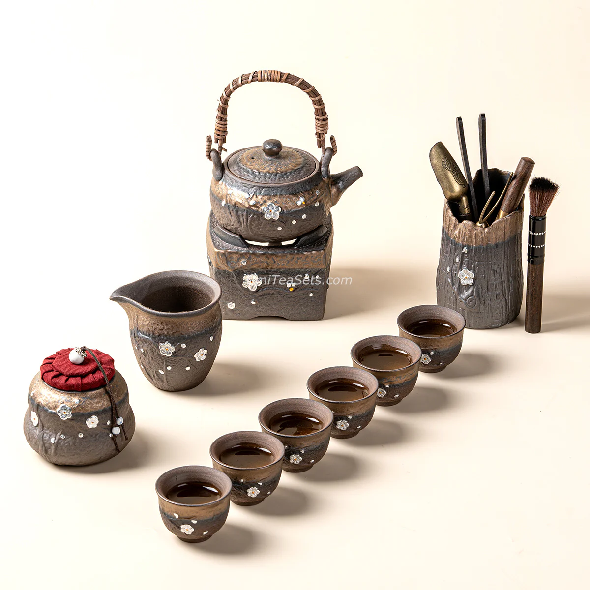 Japanese Pottery Gilded Iron Glaze Plum Blossoms Tea Set - Image 2
