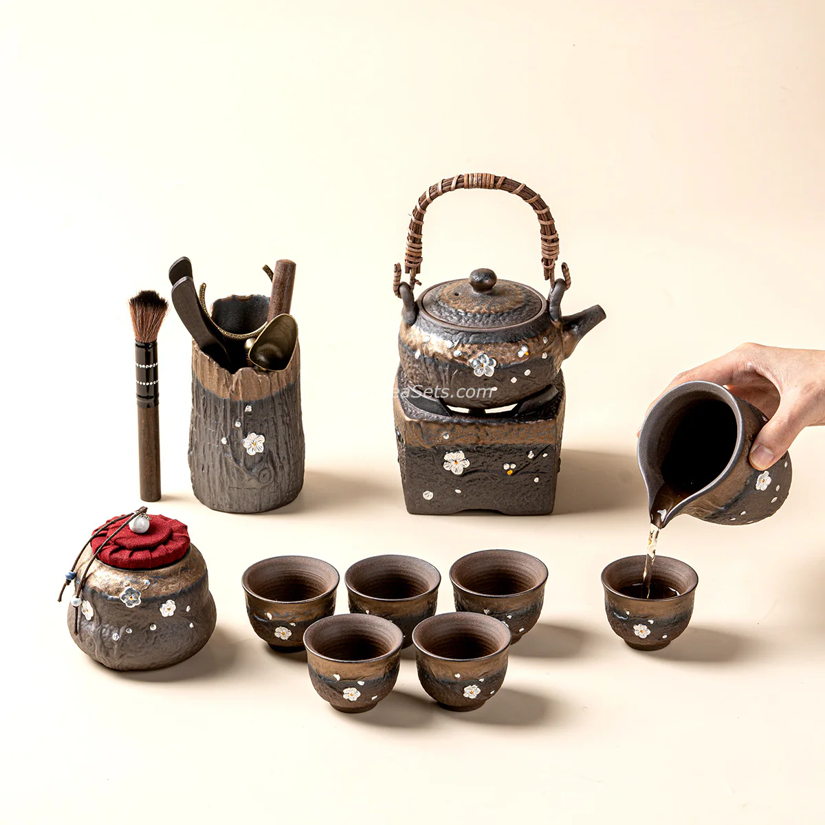 Japanese Pottery Gilded Iron Glaze Plum Blossoms Tea Set - Image 3