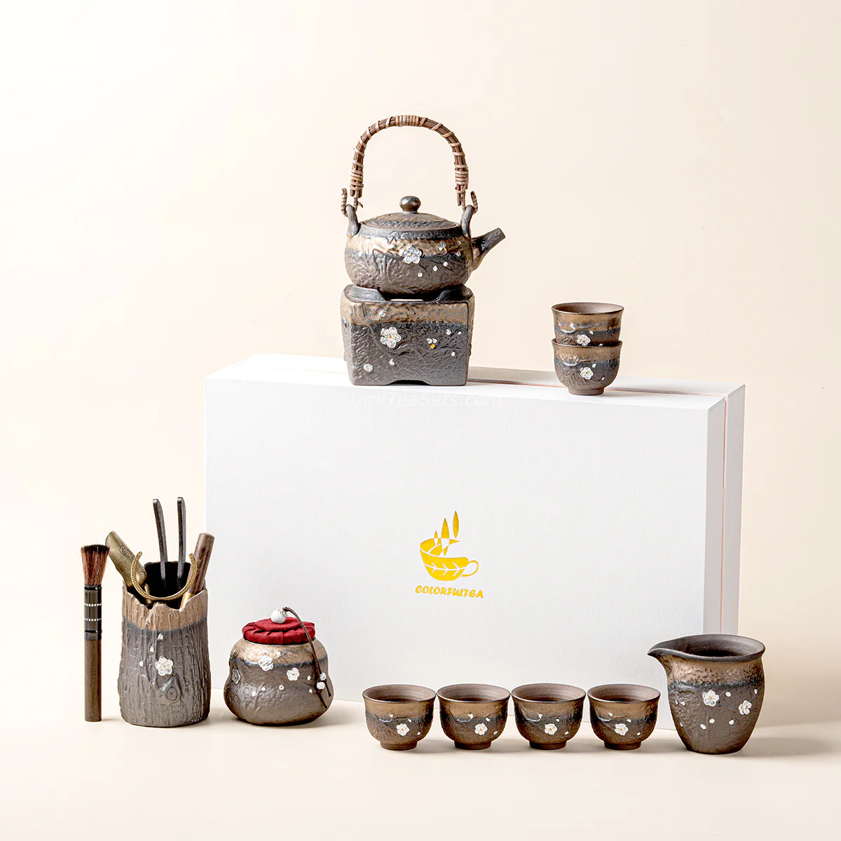 Japanese Pottery Gilded Iron Glaze Plum Blossoms Tea Set - Image 4