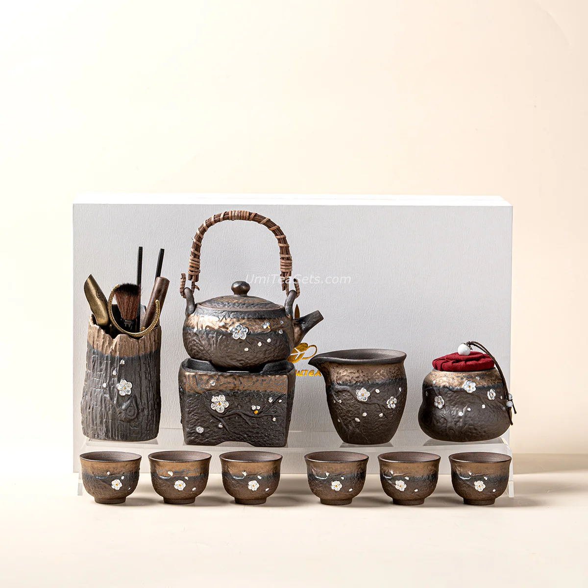 Japanese Pottery Gilded Iron Glaze Plum Blossoms Tea Set - Image 5