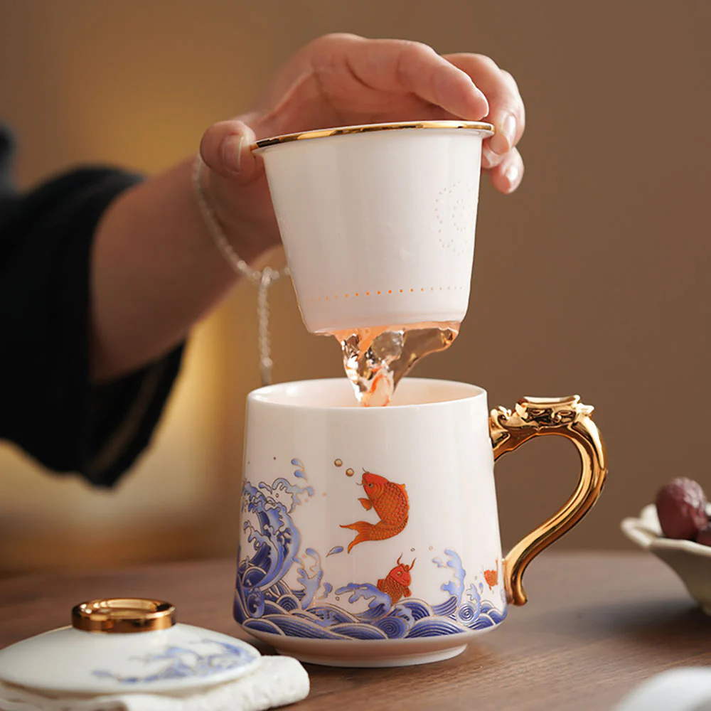 Koi Fish And Sea Wave Jade Porcelain Tea Cup - Image 3