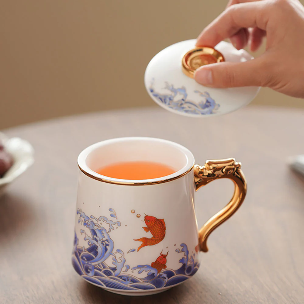 Koi Fish And Sea Wave Jade Porcelain Tea Cup - Image 4
