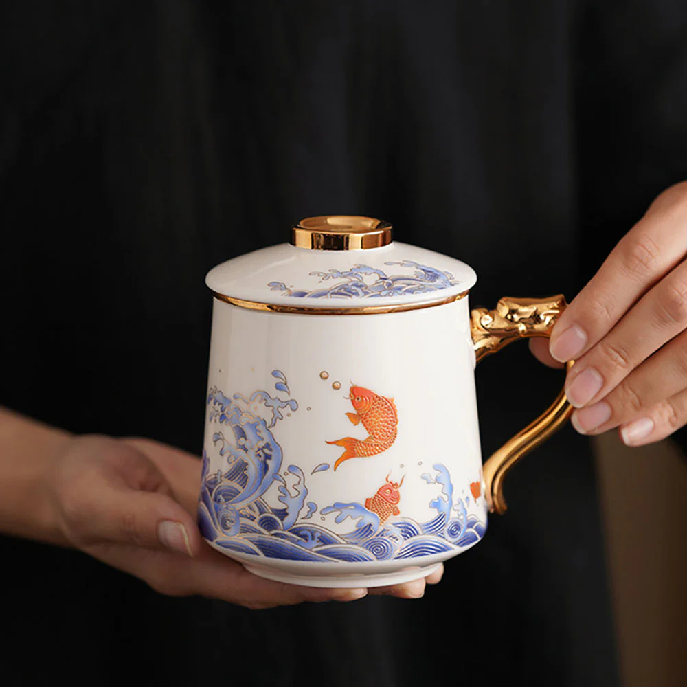 Koi Fish And Sea Wave Jade Porcelain Tea Cup - Image 5