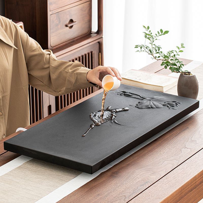 Lotus and Fish Black Stone Tea Tray - Image 2