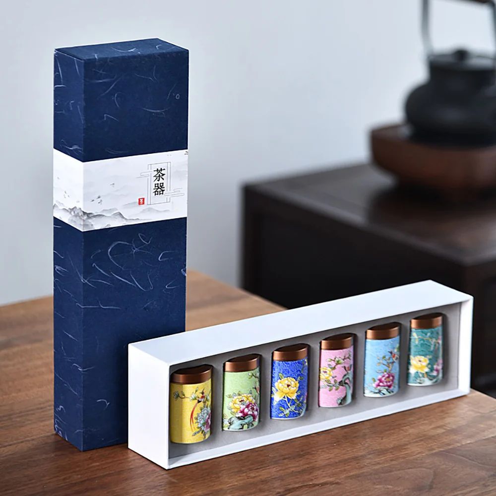 Magpie and Flower Enamel Six Tea Caddies Set - Image 2