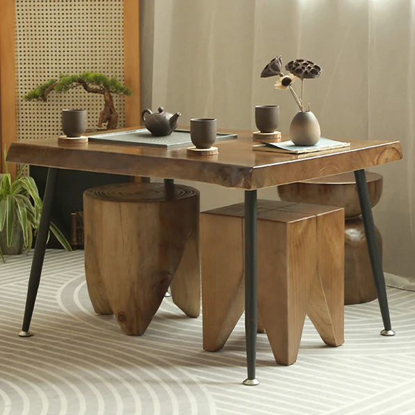 Mediterranean Minimalist Raw Wood Tea Table Set - Image 3
