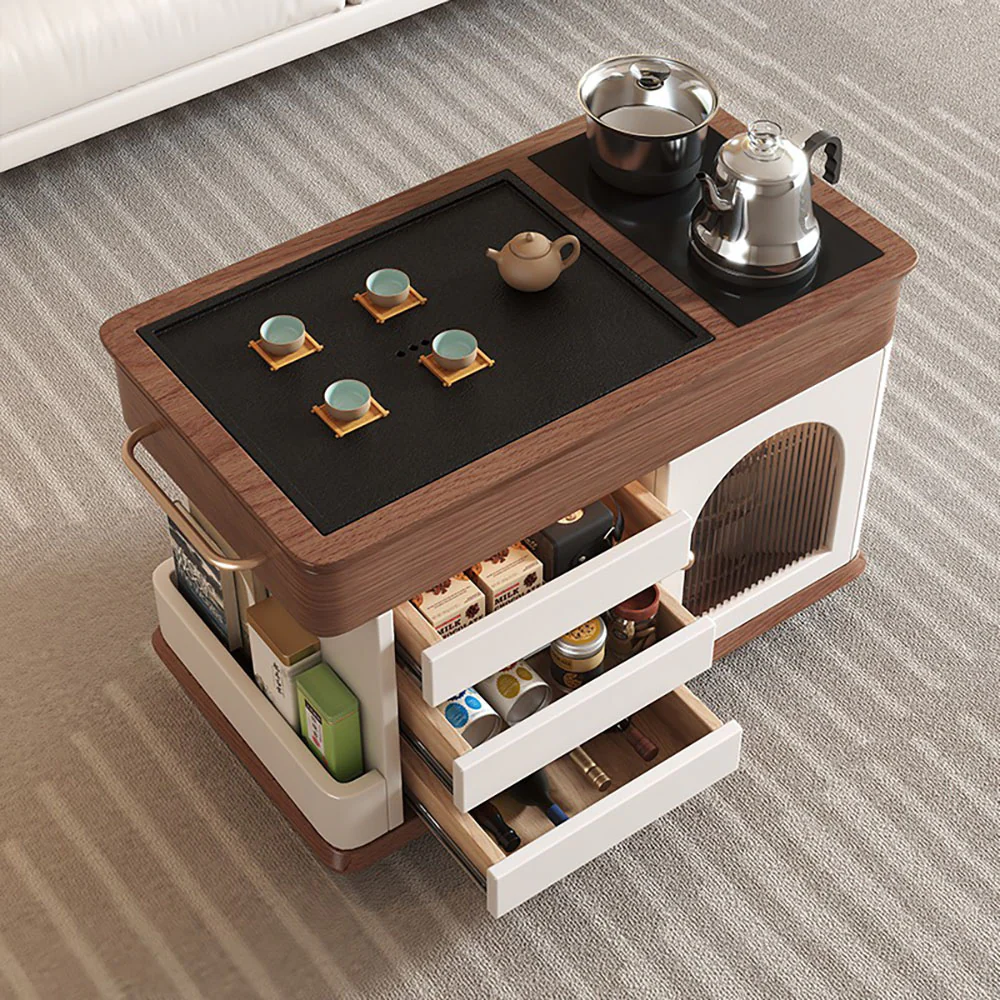 Oak Movable Tea Table With Black Stone Tea Tray - Image 3