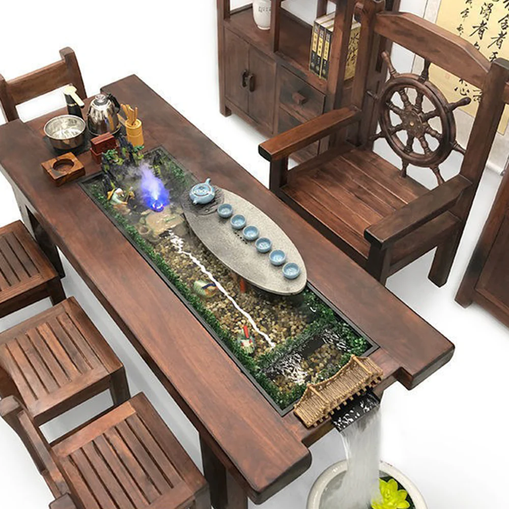 Old Ship Wood Flowing Water Tea Table Set With Fish Pond - Image 2