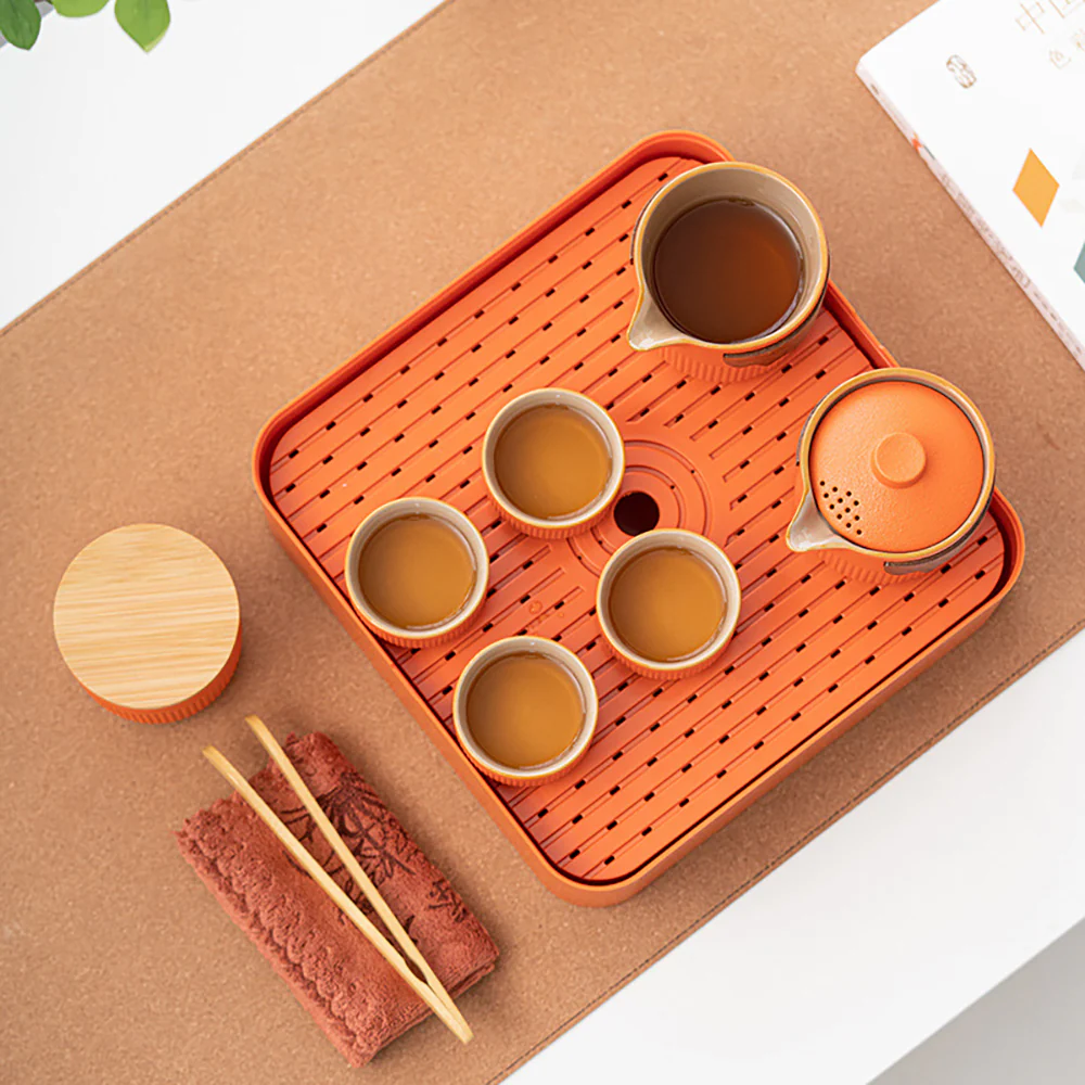 Orange Stoneware Portable Kung Fu Tea Set - Image 2