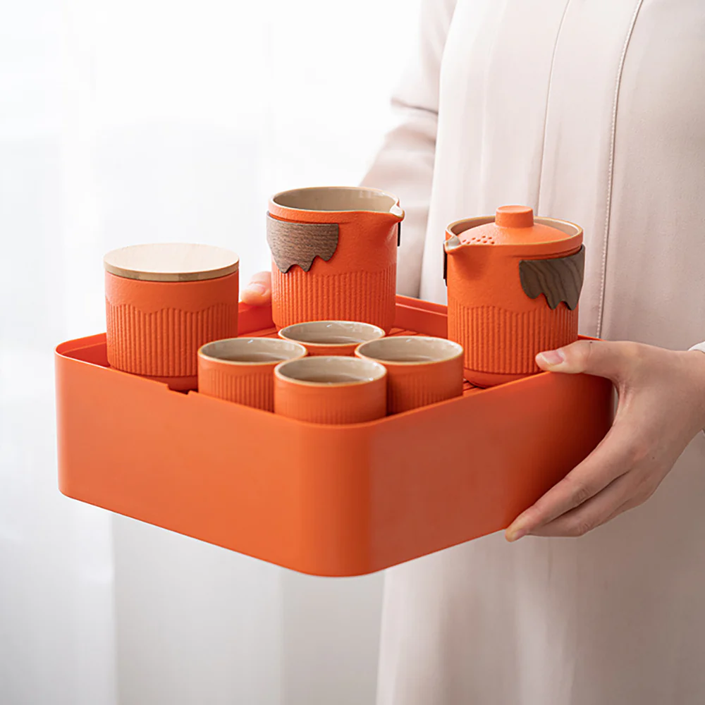 Orange Stoneware Portable Kung Fu Tea Set - Image 4
