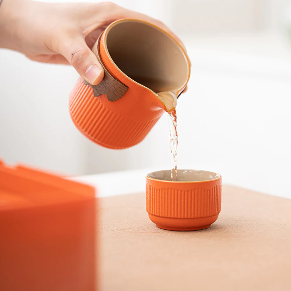 Orange Stoneware Portable Kung Fu Tea Set - Image 5
