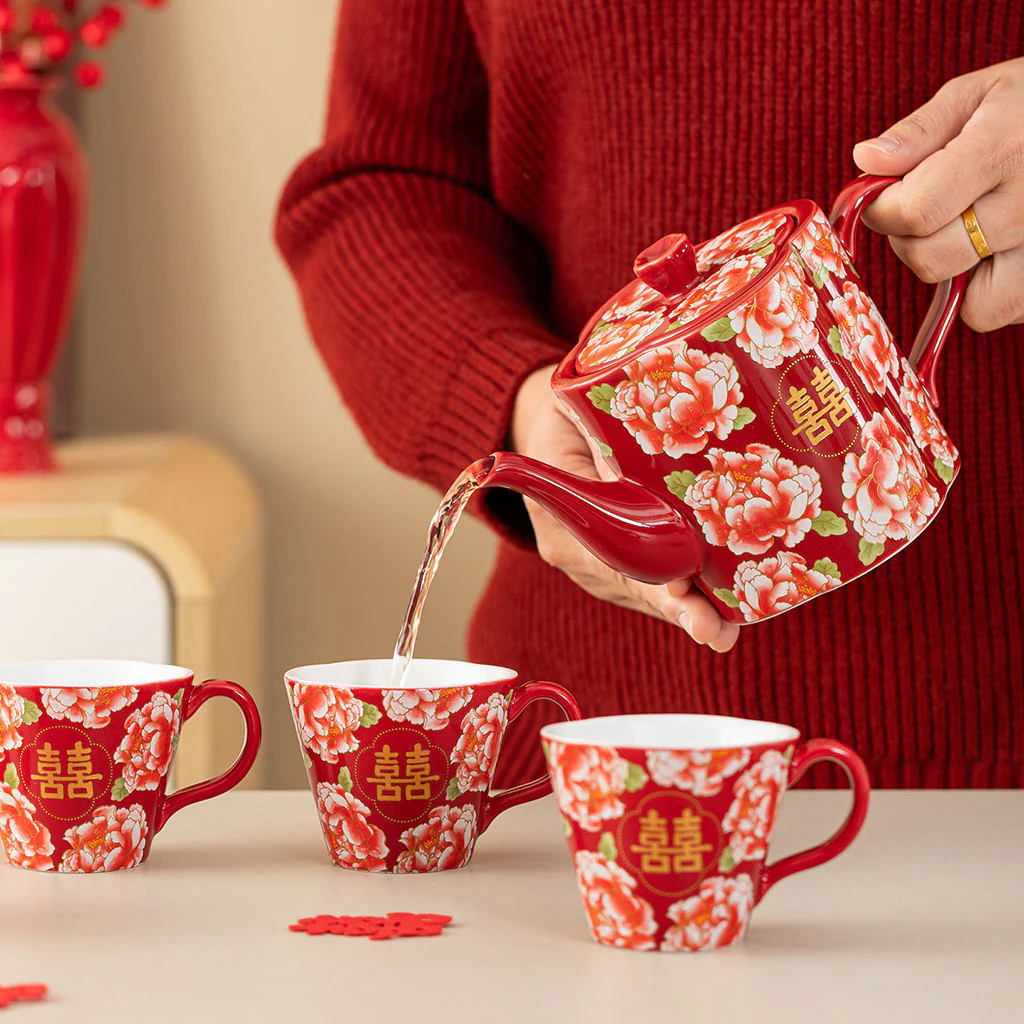 Peony Double Happiness Ceramic Wedding Tea Set - Image 4