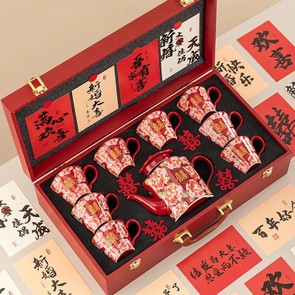 Peony Double Happiness Ceramic Wedding Tea Set - Image 5