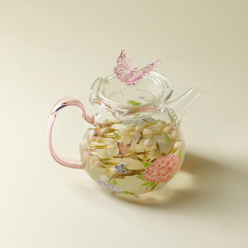 Pink Butterfly And Hydrangea Borosilicate Glass Teapot - Image 2