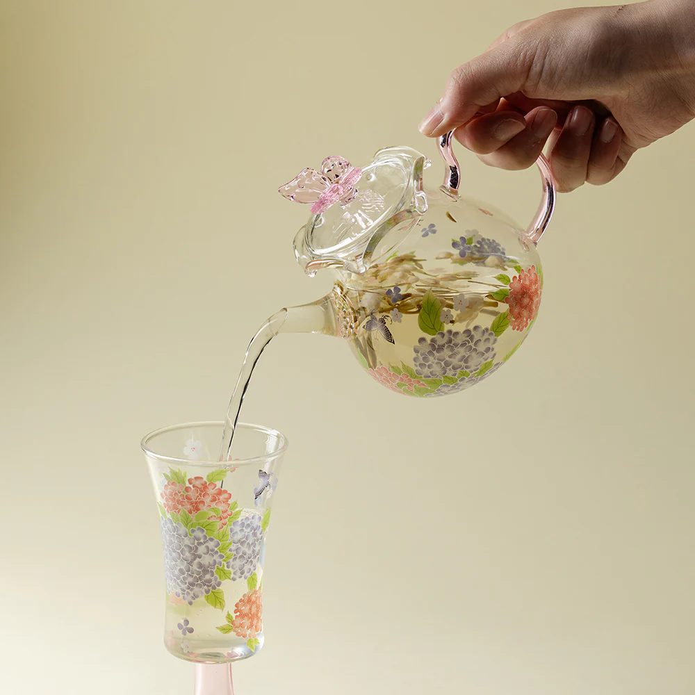 Pink Butterfly And Hydrangea Borosilicate Glass Teapot - Image 3