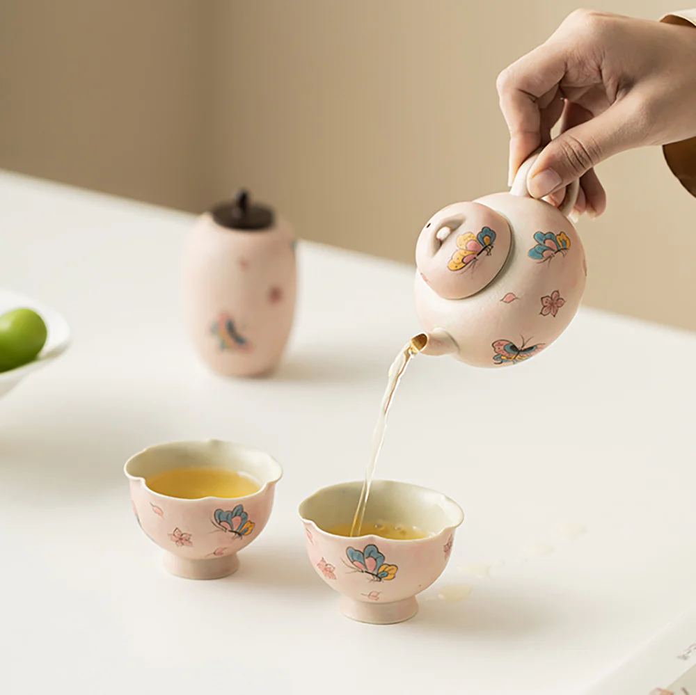 Pink Ceramic Butterfly Travel Tea Set - Image 3