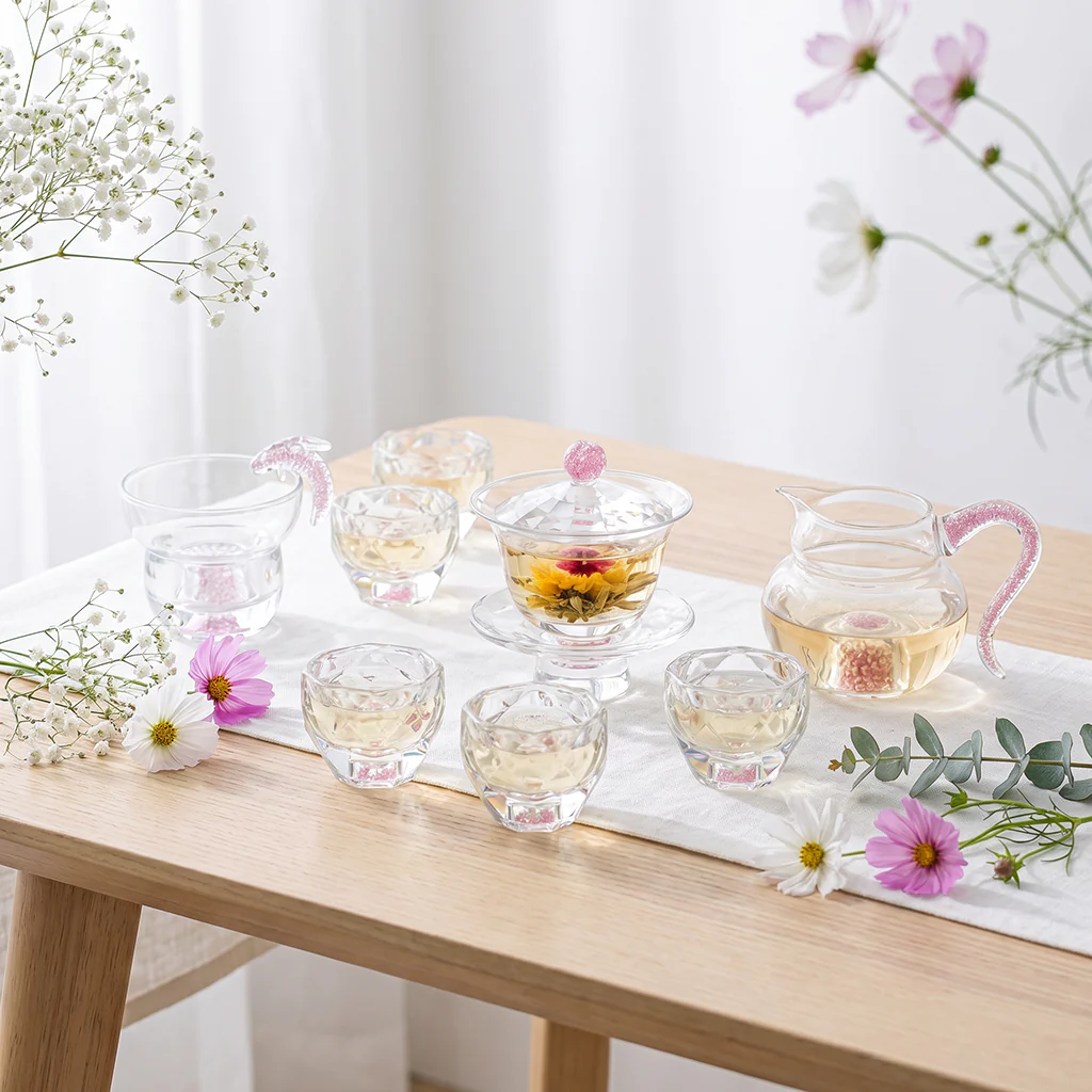 Pink Diamond Crystal Glass Gaiwan Tea Set - Image 2