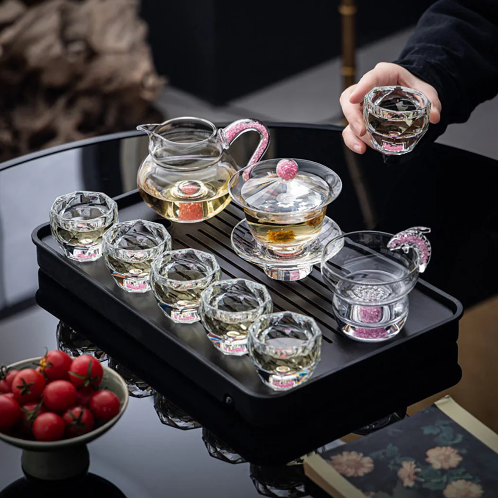 Pink Diamond Crystal Glass Gaiwan Tea Set - Image 6