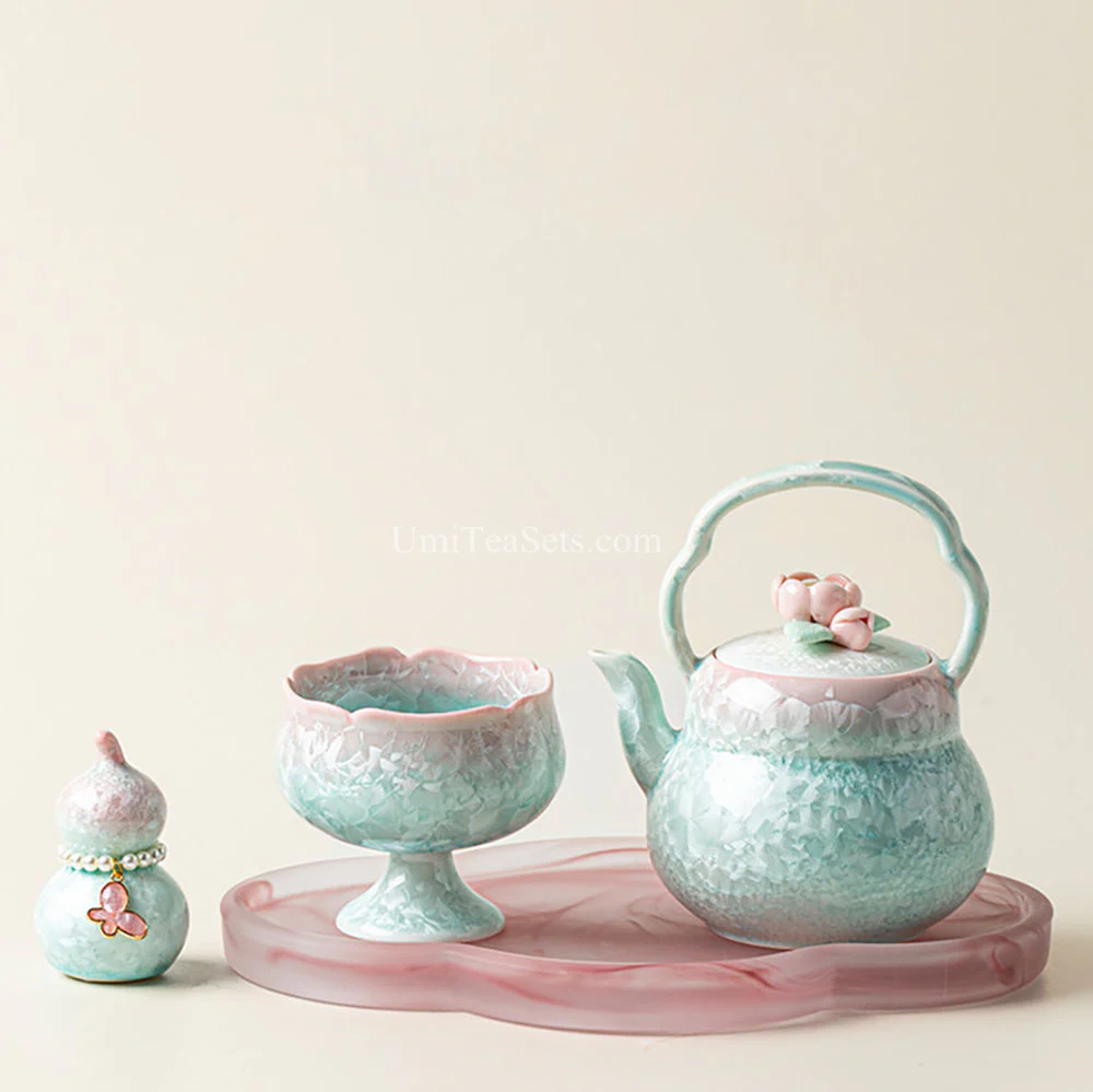 Pink-Green Gradient Ruyao Porcelain Tea Set - Image 2