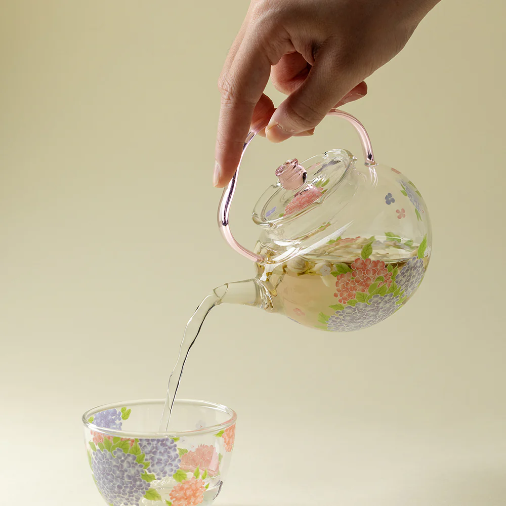 Pink Hydrangea Borosilicate Glass Teapot - Image 2